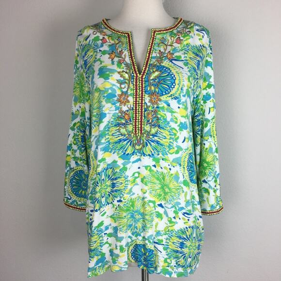 Soft Surroundings White  Green Floral Embroidered Knit Top Medium - Picture 2 of 9